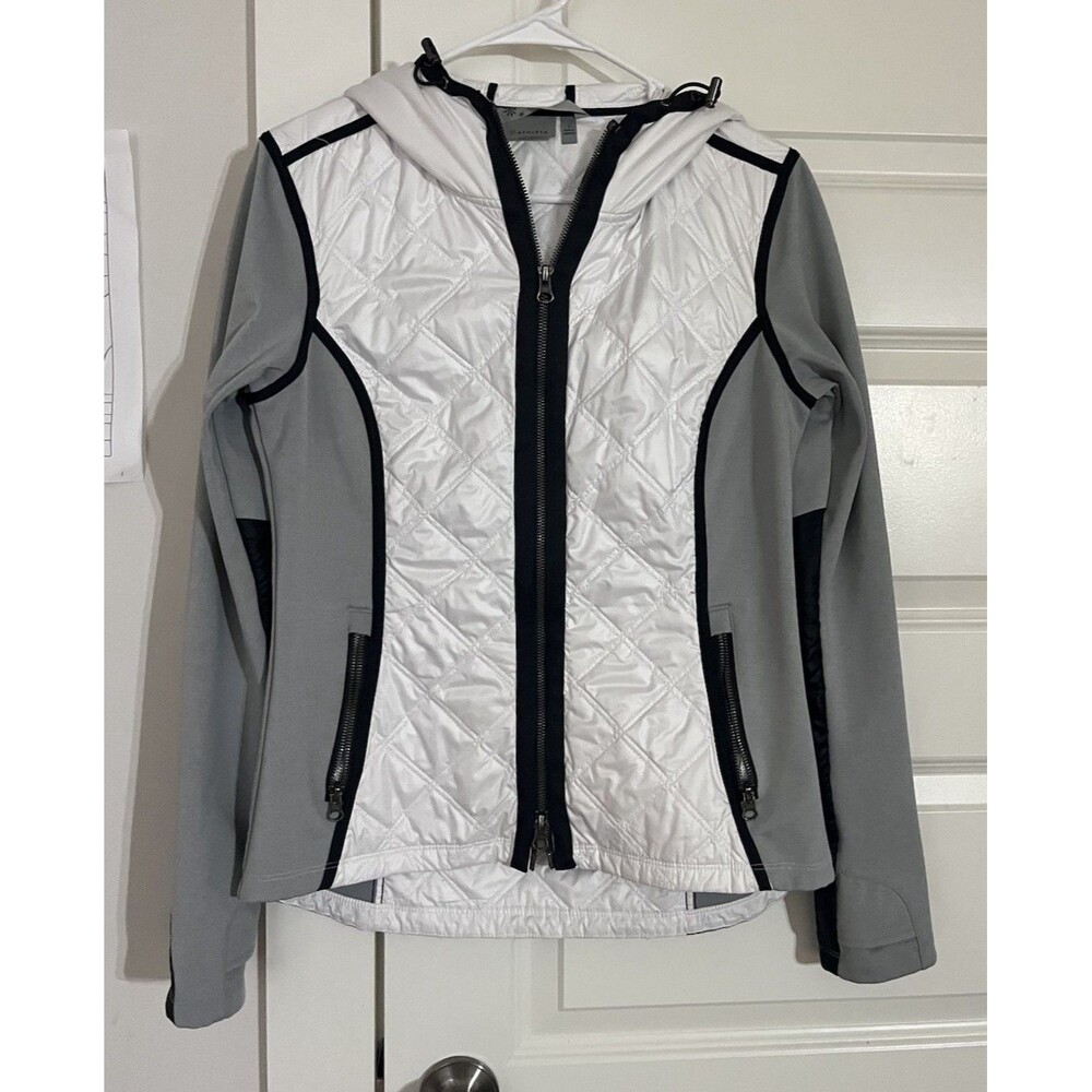 ATHLETA Jacket Womens S White Gray Aries Hooded Quilted Fleece Jacket Full Zip - Picture 3 of 8